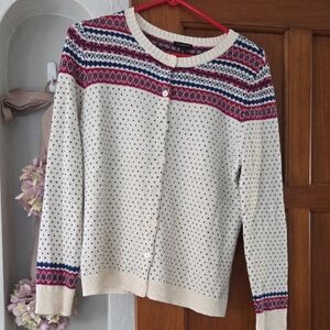 Talbots Cream Fair Isle Cardigan with Pink and Navy Accents